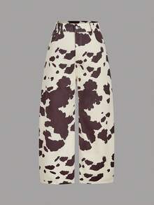 SHEIN MOD 大码女式时尚复古撞色印花喇叭牛仔裤牛纹裤印花裤西部裤女式牛纹阔腿牛仔裤时尚休闲高腰及踝长牛仔裤/冬季 - 巧克力棕 - 查看 1