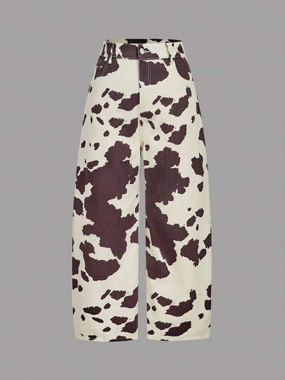 SHEIN MOD Pantalones vaqueros acampanados de talla grande para mujer con estampado de contraste de color vintage, pantalones con estampado de vaca, pantalones estampados, pantalones occidentales para mujer, pantalones vaqueros de pierna ancha con estampado de vaca, pantalones de mezclilla de moda casual de cintura alta y longitud de tobillo/invierno
