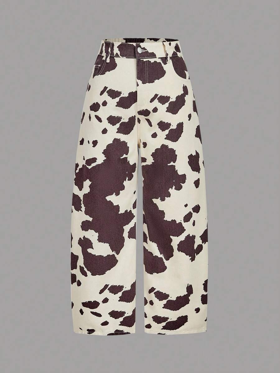 SHEIN MOD 大码女式时尚复古撞色印花喇叭牛仔裤牛纹裤印花裤西部裤女式牛纹阔腿牛仔裤时尚休闲高腰及踝长牛仔裤/冬季 - 巧克力棕 - 查看 1