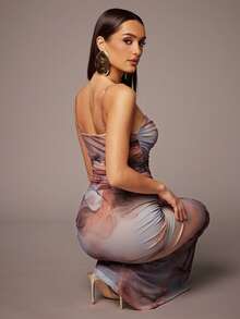 Silquee 优雅女士扎染印花荷叶边下摆紧身吊带连衣裙，适合情人节、约会之夜、度假、海滩、音乐节、春夏季、日常约会、夜总会派对、聚会 - 彩色 - 查看 7