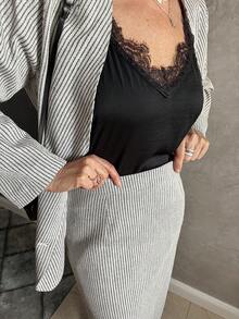 Livesso Conjunto de 2 piezas de chaqueta y falda de mezcla de lana de espiga para mujer