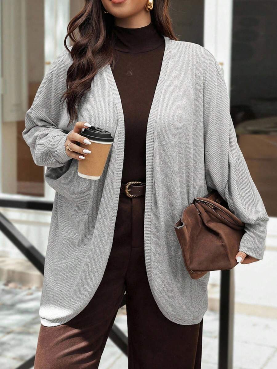 Vionelle Plus Size Women Elegant Gray Knit Blend Open Front Short Sleeve Cardigan