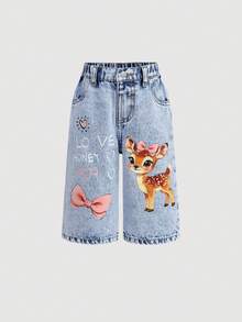 SHEIN Quần jean ống rộng màu xanh dương họa tiết hươu hoạt hình dễ thương cho bé gái, thích hợp cho mùa thu, mùa đông, phong cách thường ngày và thời trang cho kỳ nghỉ, kiểu dáng thập niên 2000, quần jean Halloween, Giáng sinh, họa tiết nơ. - Rửa nhẹ - Xem 5