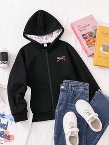 女童可爱甜美花卉蝴蝶结印花双层拉链口袋宽松夹克，休闲百搭，秋冬 - 黑色 - 查看 3