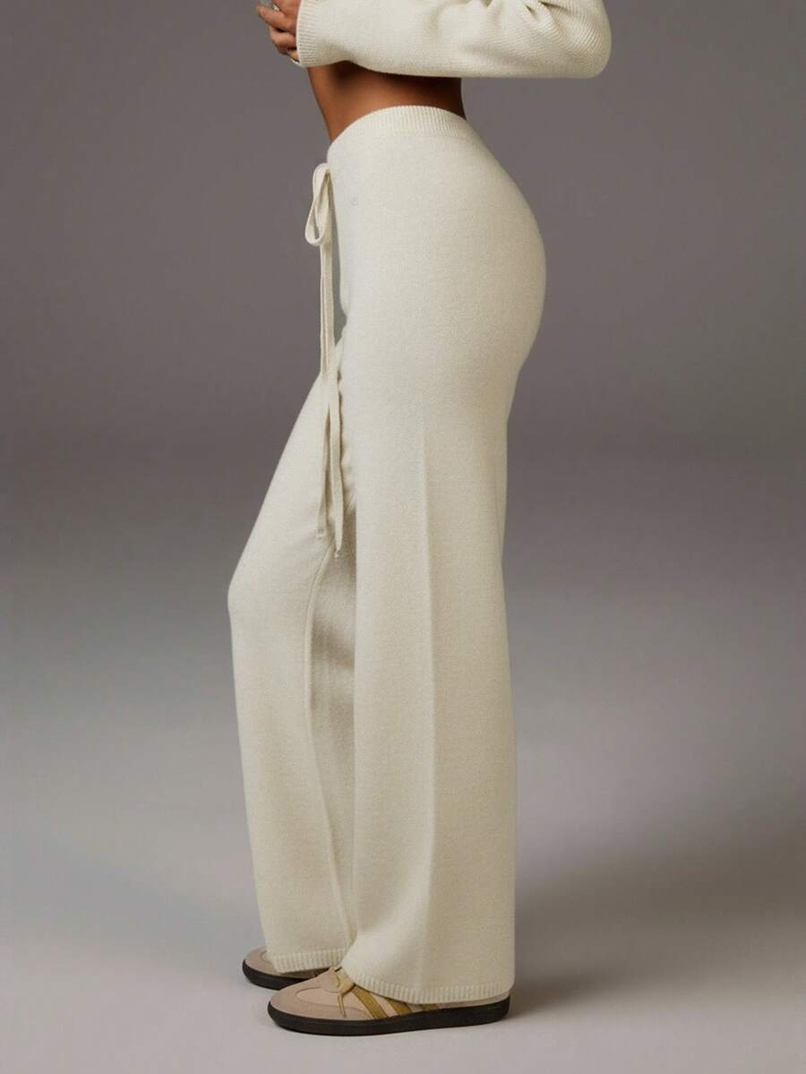 Athîral Women's Letter Pattern Drawstring Waist Casual Knit Pants, Autumn/Winter,Fall,Fall Clothes For Women - White - View 1