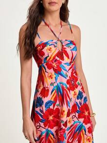 CAJUNI Vestido mini con estampado floral y escote halter, estilo vacacional - Rojo - Ver 1