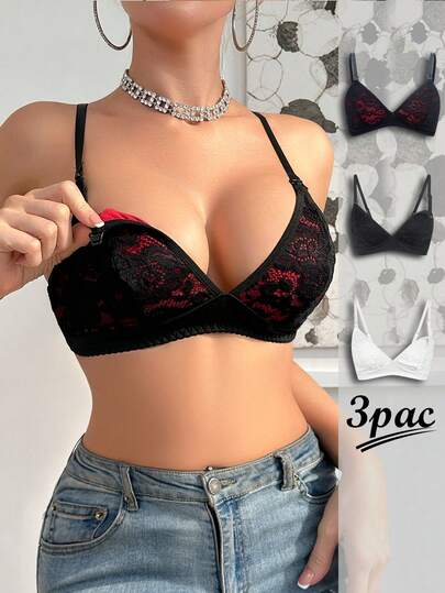 Set de 3 sujetadores de lactancia con encaje floral cómodos para mujeres embarazadas