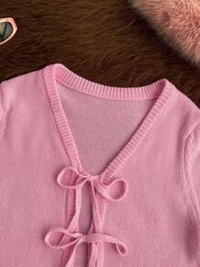 SHEIN Unity Women's Pink Wool Blend Cardigan,Warm & Comfortable,Casual,Autumn,Smart Casual,Sweet,School,Back-To-School,Retro Academic Vibe,V Neck,Tie Front - Pink - View 3