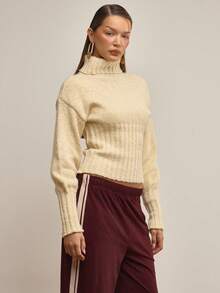 MUSERA Chunky Knit Roll Neck Cinched Sweater Elegant Winter Work Cute Evening - Cream - View 3