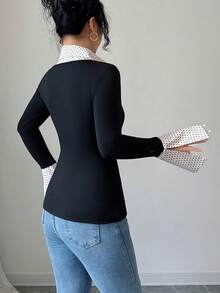 Rafferiza Elegant Commuting Tight-Fitting AB Version Lapel Bell Sleeves Long Sleeves Black Knitted Splicing Polka Dot T-Shirt Women's Autumn And Winter Pattern T-Shirt Spring Women's T-Shirt Chic Women's Winter Wear Women's Elegant Wear Women's Elegant T-Shirt - Multicolor - View 2