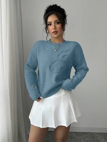 Elenzga Suéter de cuello redondo para mujer con estampado floral y unicolor - Neblina azul - Ver 4