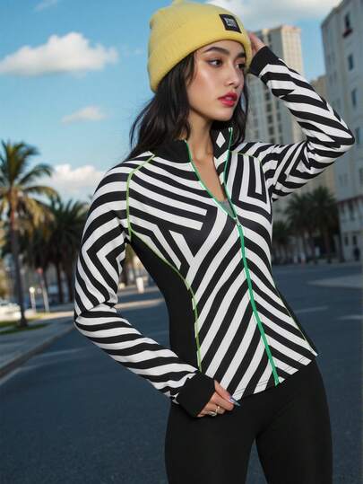 Innovista Woman Stripe Printing Buttery Soft Air Patchwork Front Zipper Long Sleeve Zip Up Casual Sport Tracksuit Jacket Sweater T-Shirt, Warm Sweatshirts, Mountaineering And Sports, Ski Jackets, Daily Athletic HIIT Training Comfort Movement Cardio Running Cycling Cross Fit Outdoor Exercise Healthy TT Viral IG Reel Ready FYP INSTA OOTD Pink Performance Gear Influencer Fashion Versatile Classic Animal Print