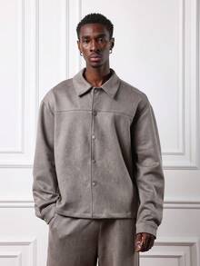 SUMWON Boxy Fit Suede Button Front Shirt And Relaxed Fit Pants Co Ord Set For Casual Comfort Plain - Khaki - View 3