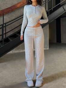 INAWLY Bộ đồ 2 món thường ngày cho nữ, áo thun tay dài cài nút màu trơn và quần cạp rút - Màu Xám nhạt - Xem 4