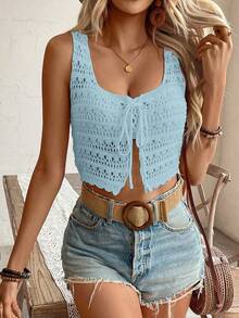 SHEIN LUNE Women's Vacation Casual Solid Color Hollow Out Knit Top - Baby Blue - View 6