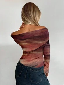 Aloruh Maglietta a maniche lunghe con scollo a V, con motivo tie-dye marrone, adatta per l'autunno/inverno, versatile per uso casual, vacanze bohémien, festival musicali e relax in autunno - Multicolore - Visualizzare 2