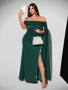 Viva Relle 大码女式优雅奢华派对/婚礼宾客轻盈连衣裙，串珠网眼，立领长袖，收腰 A 字裙 - 墨綠色 - 查看 5