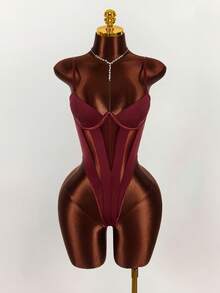 Amplova Bộ đồ liền thân khoét lỗ gợi cảm màu trơn dành cho nữ - Màu Đỏ Sâu - Xem 3