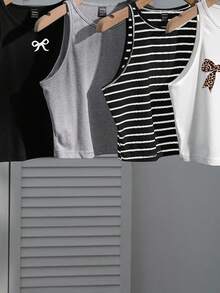 SHEIN EZwear 女士休闲豹纹蝴蝶结装饰四件套，黑白条纹性感紧身吊带背心，夏季 - 彩色 - 查看 6