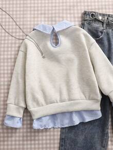 Young Girl Casual Striped Patchwork Letter Print Sweatshirt, Autumn/Winter - Apricot - View 2