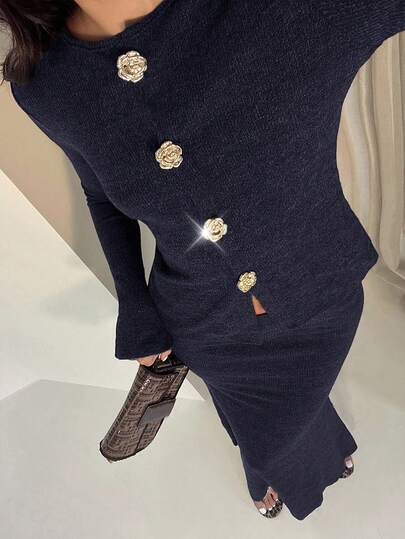 Glamine Simple Elegant Brown Round Neck Cardigan With Metal Buttons, Long Sleeve Knit Top For Women Fitted Mermaid Hem Fluffy Warm Long Skirt For Women Women's 2-Piece Set, Suitable For Sisters' Gathering, Formal Dinner, Party Outfit