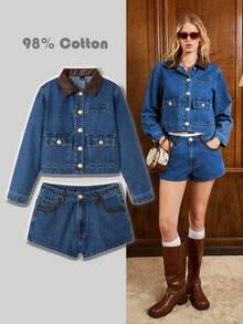 Muvela Women's Fashion Commuter Denim Jacket And Shorts Set, Casual Daily Wear - Medium Wash - View 2