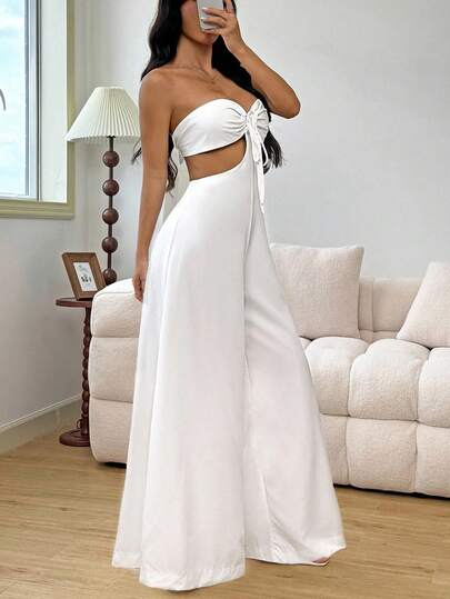 Mono de pierna ancha para mujer de unicolor, sexy, con espalda descubierta, estilo halter y lazo, y diseño hueco