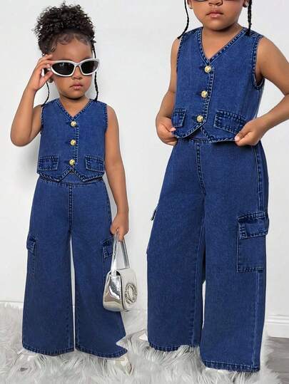 Young Girl Summer V-Neck Single-Breasted Vest And Cargo Pants Denim Set, Girls Denim Cargo Pants, Kids Denim Vest Set, Tween Denim Outfit