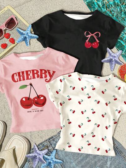 3 件套 Chill Vacation，Vacay Vibes 复古迷你樱桃海滩印花，多巴胺配色方案，奶油粉色，奶油黄色，黑色圆领短袖高腰短款常规 T 恤，适合夏季