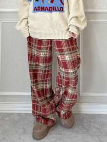 FRIFUL Pantalones rectos de cintura elástica a cuadros rojos para mujer, pantalones casuales sueltos y versátiles, para otoño/invierno, Año Nuevo, Navidad - Rojo - Ver 4