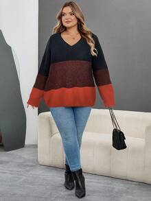 SHEIN CURVE+ 大码拼布套头衫，秋冬款黑灰白配色/秋冬款 - 彩色 - 查看 5