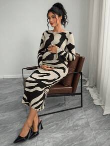 Momance Maternity Elegant Knitted Bodycon Dress With Graphic Print, Round Neck, Long Sleeve, Autumn/Winter