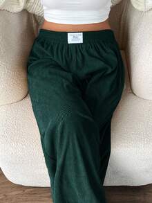 SHEIN EZwear 大码女式高腰宽松灯芯绒裤，带口袋和贴片设计，适合校园、日常穿着和室内工作，秋冬季，深绿色 - 墨綠色 - 查看 7