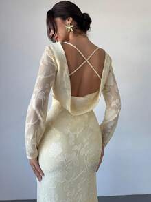 Firerie Váy dài tay họa tiết ôm sát, cổ chữ V hở lưng, buộc chéo, thanh lịch, lãng mạn và gợi cảm dành cho nữ, thích hợp cho các buổi hẹn hò, tiệc tùng, dạ hội, hàng mới về, màu vàng - Màu vàng - Xem 5