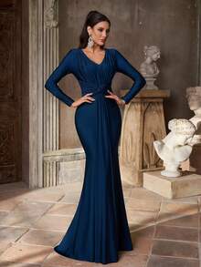 Aureia Elegant, Romantic, Dignified, Navy Blue, Knitted Stretchy Fabric, Sweetheart Neck, Long Sleeve, Fish Tail Hem, Satin Trailing, Suitable For Vacation, Wedding Events, Wedding Guest, Bridesmaid Dress