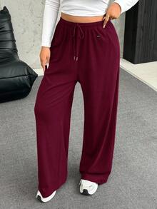 SHEIN EZwear Plus Size Burgundy Velvet Soft & Warm Casual Drawstring Loose Pants - Burgundy - View 5