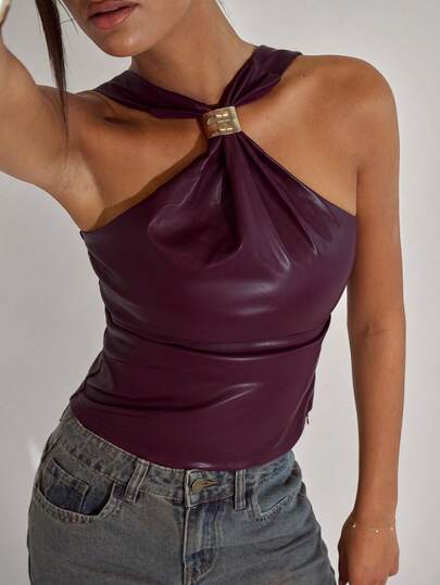 SHEIN BAE Women's Burgundy Y2K Solid PU Leather Metallic Decoration Fashion Halter Top, Halloween Top, Christmas Top, Burgundy Top, Leather Top, Club Top, Party Top, Winter Clothes Women, Fall Clothes For Women