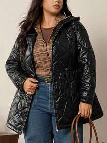 Zelara Plus Size Women's Solid Color Long Sleeve Zipper Front Casual Hooded Winter Coat - Black - View 8