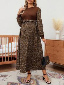SHEIN Vestido de maternidad con cintura anudada y estampado floral vintage, elegante para el otoño - Multicolor - Ver 6