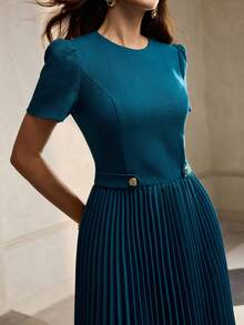 ZEYLAH Elegant Party Ruched Pleated Flare Hem Dress, Autumn/Winter - Teal Blue - View 2