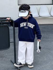 SHEIN Little Byeori 2pcs Young Boys Casual Korean Style Loose Fit Half-Zip Letter Graphic Sweatshirt And Elastic Waist Pants Set, Suitable For Autumn/Spring, Outdoor Play, School, Street Style, Party And Leisure