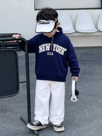 SHEIN 2pcs Young Boys Casual Korean Style Loose Fit Half-Zip Letter Graphic Sweatshirt And Elastic Waist Pants Set, Suitable For Autumn/Spring, Outdoor Play, School, Street Style, Party And Leisure