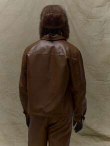 Musero 宽松版型长袖皮革领扣衬衫夹克隐形门襟细节秋季秋冬 - 咖啡棕 - 查看 2