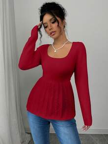 Elenzga Áo len bó eo màu trơn thường ngày, Thu/Đông - Đỏ - Xem 5