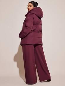 SHEIN BAE 冬季加大码纯色连帽前扣长袖棉服外套 - 紅木色 - 查看 3