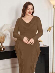Modelyn Plus Size Spring/Summer Elastic Mesh Scoop Neck Ruffle Hem Bodycon Elegant Dress - Khaki - View 4