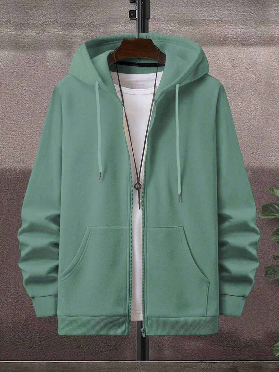 EURMUSE Men's Solid Color Hooded Drawstring Zip-up Sweatshirt - Blue - View 1