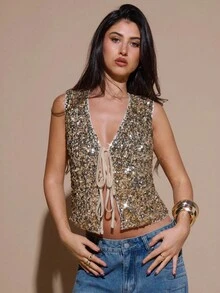 SHEIN BAE 女士时尚派对亮片系带无袖上衣 - 金色 - 查看 6