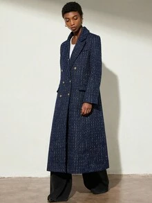 Aveloria Modichic Sequin & Sequins Embellished Tweed Maxi Coat With Metal Buttons, Double-Breasted Multi-Pocket Design