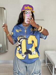 Coolane Women's V-Neck Short Sleeve Loose Casual T-Shirt With Blue Mesh & Numeric Print Y2k Cropped Graphic Tee